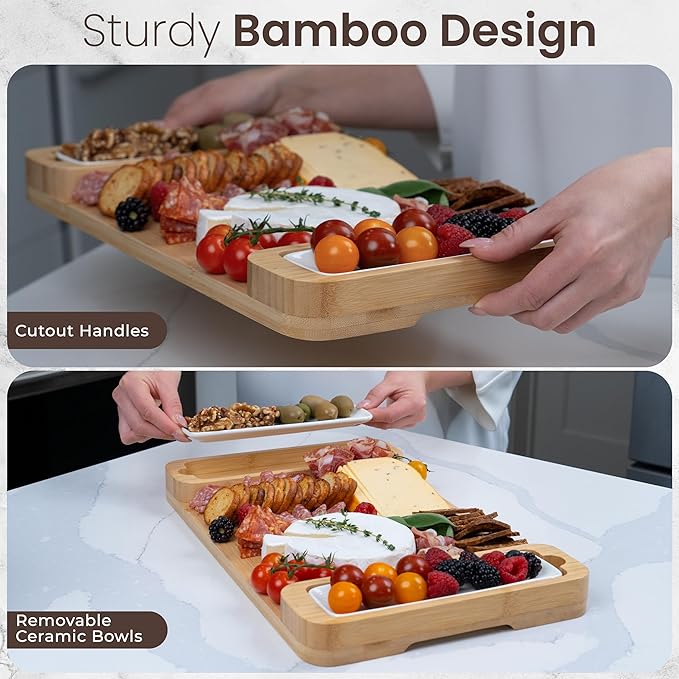 Charcuterie Boards Gift Set - Large Bamboo Cheese Board with Serving Tray, Knives and Bowls for Meat, Cheese and Crackers, for Mom, Housewarming, Wedding, Birthday Gifts for Women