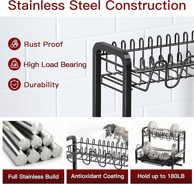 2 Tier Black Dish Drainer Drying Rack for Kitchen Counter, Large Stainless Steel Dishes Dryer with Drainboard, Space Saving, Big Rustproof Metal Modern Countertop Plates Strainer with Utensil Holder