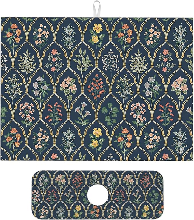 2Pcs Dish Drying Mats Faucet Mats Sets Large Size Coffee Mats Sink Faucet Mat Splash Guard for Kitchen Counter Bathroom Sink Coffee Bar Kitchen Decor (Vintage Flowers, 18"x24" 15" x 5.5"Set)