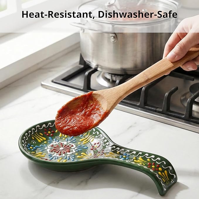 BCS Ceramic Spoon Rest, Large 9” Hand Painted Spoon Holder for Stove Top & Kitchen Counter, Dishwasher Safe & Heat Resistant Utensil Holder, Floral Kitchen Decor, Handmade Pottery