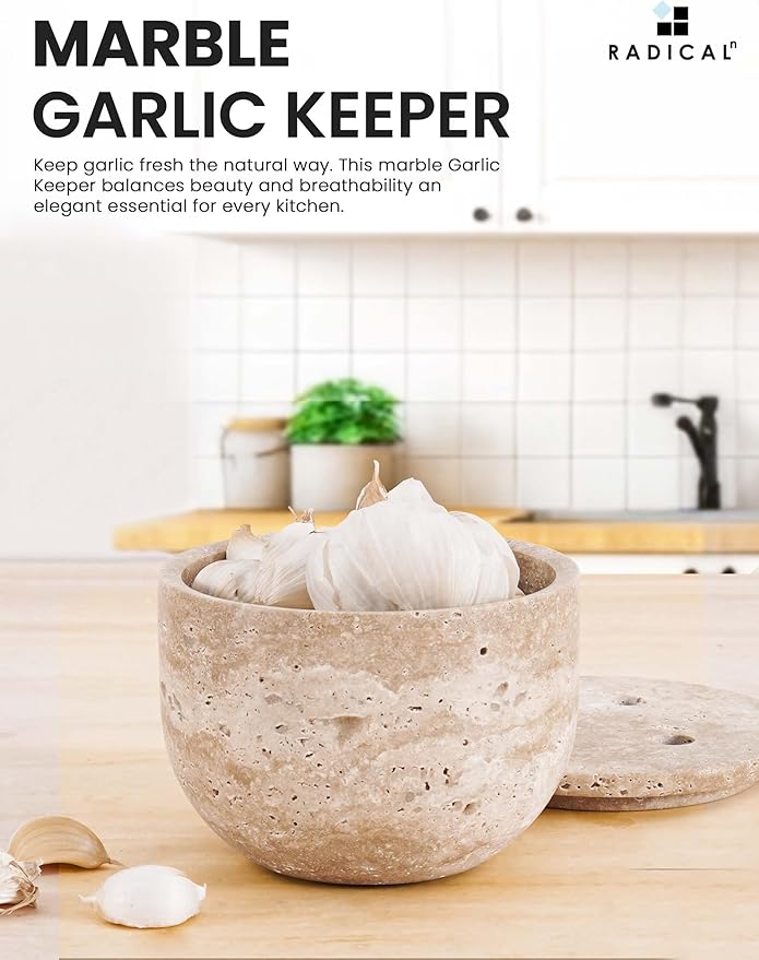 Radicaln Marble Garlic Keeper With Lid 4.5 Inch Travertine Handmade Garlic Storage and Garlics Container For Kitchen, Keep Fresh Garlic Cloves, Ideal Garlic Keeper for Counter