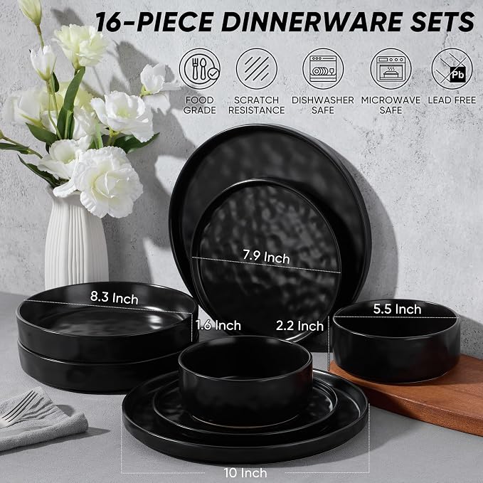 E-far 16-Piece Black Plates and Bowls Sets with Pasta Bowls - Stoneware Dinnerware Set for 4, Modern Ribbed Matte Black Kitchen Dishes, Microwave & Dishwasher Safe