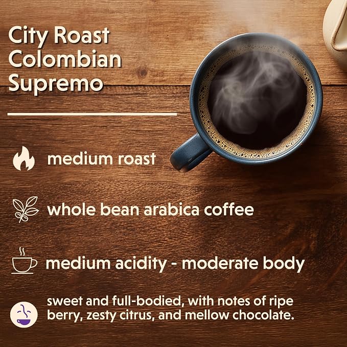 Coffee Bean Direct City Roast Colombian Supremo, Whole Bean Coffee, Arabica Coffee, Medium Roast, 2.5 Pound Bag (Pack of 1)