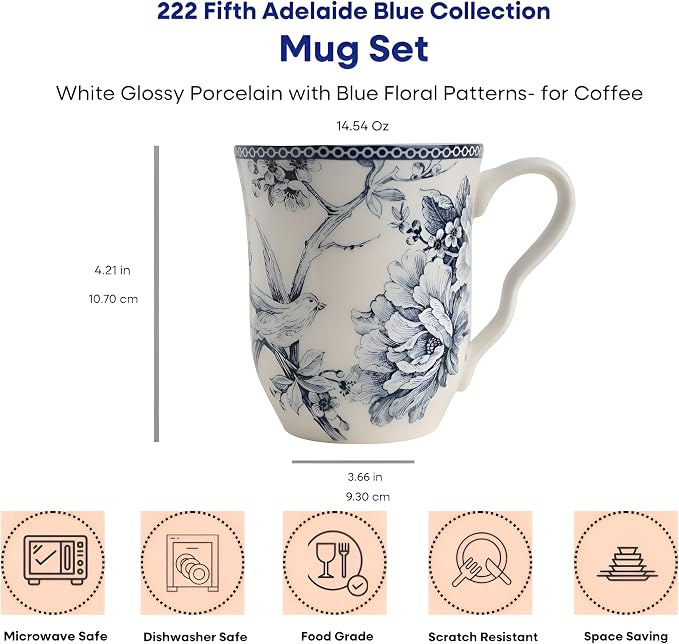 222 Fifth Adelaide Large Coffee Mugs Set of 4, 14.5 oz Porcelain Coffee Cups with Handle, Ceramic Tea Cup for Cappuccino, Latte, Cocoa, Microwave & Dishwasher Safe Decorative Gift Sets, Blue and White