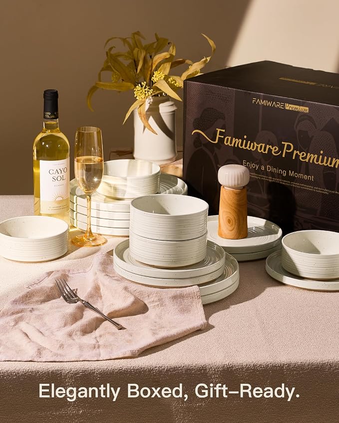 Stoneware Dinnerware Sets for 6, 18-Piece High Edge Plates and Bowls with Speckled Glaze & Spiral Design - Chip & Scratch Resistant, Microwave & Dishwasher Safe - Gift Box, Cream