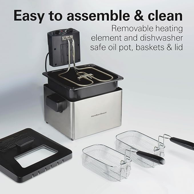Hamilton Beach Professional Style Electric Deep Fryer With 2 Baskets | 4.5 Liter / 19 Cup Oil Capacity | 1800 Watts | Lid With View Window | Easy Detach Magnetic Cord | Stainless Steel | 35036