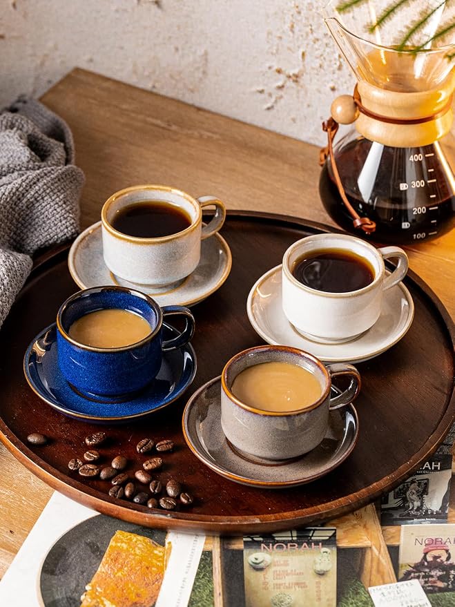 Gomakren 2.5 Ounce Espresso Cups Set of 4, Small Stackable Coffee Cups with Saucers and Metal Stand Father's Day Porcelain Demitasse Cups for Specialty Coffee Drinks, Espresso, Cappuccino, Latte, Gray