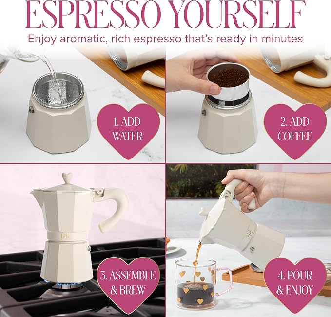 Paris Hilton Stovetop Espresso and Coffee Maker, Italian & Cuban Style Coffee Pot with Iconic Heart Knob, Perfect for Rich Aromatic Espresso, Makes up to 6 Espresso Cups, Cream