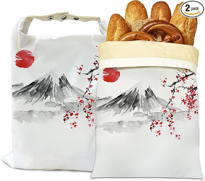 Bread Bags for Homemade Bread, Japanese Cherry Blossom Sun Fuji Mount-2 Pack Linen and Beeswax Sourdough Storage Bags, Reusable Keeper, Keeps Breads Fresh Longer, Gifts for Bakers