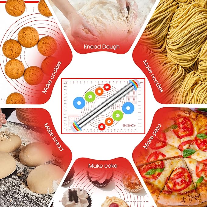 Dandat Rolling Pin with Adjustable Thickness Rings and Silicone Baking Pastry Mat Biscuit Cutter Bench Scraper Stainless Steel Dough Roller Rolling Pins for Baking Cookies Pie Pasta Pastries(Red)