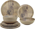 UPware 12 Piece Wood Grain Melamine Dinnerware Sets, Outdoor Dishes Set, Plates and Bowls Sets, Service for 4, Brown