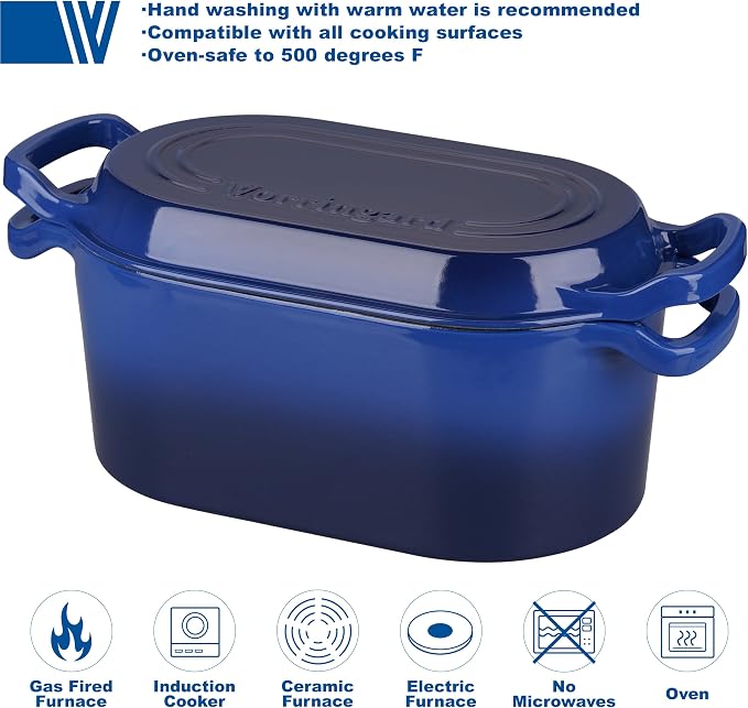 VORRINGARD Oval Dutch Oven Pot with Lid, Enamel Coating Cast Iron Bread Pans for Homemade Sourdough Bread Baking, Cooking, 4 Quart, Blue