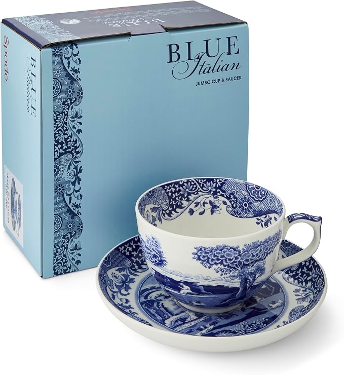 Portmeirion Spode Blue Italian Teacup and Saucer, 20-ounce Capacity, Jumbo Tea Set, Coffee Mug, Cup for Tea, Lattes, Espressos, and Hot Beverages - Blue & White
