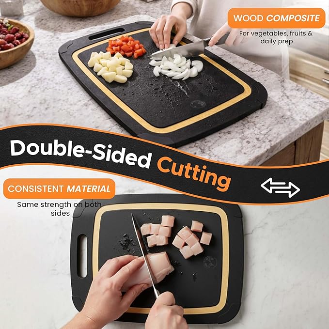 Composite Wood Cutting Board Set of 3 – Built In Juice Groove, Dishwasher Safe, Non-Toxic & Cutting Boards for Kitchen – Large, Medium & Small Non-Slip Wood Charcuterie & Chopping Boards (Black/Tan)