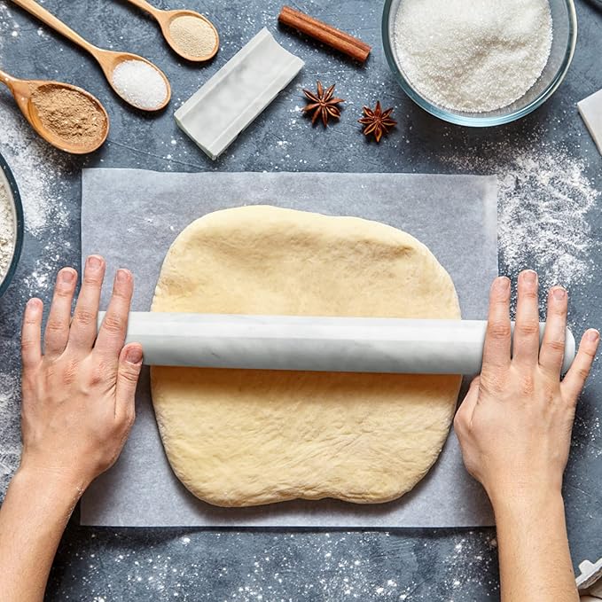Marble Rolling Pin with Stand, 15.7" White Stone French Heavy Polished Non Stick Cookie Pizza Pastry Dough Baker Roller for Kitchen Baking