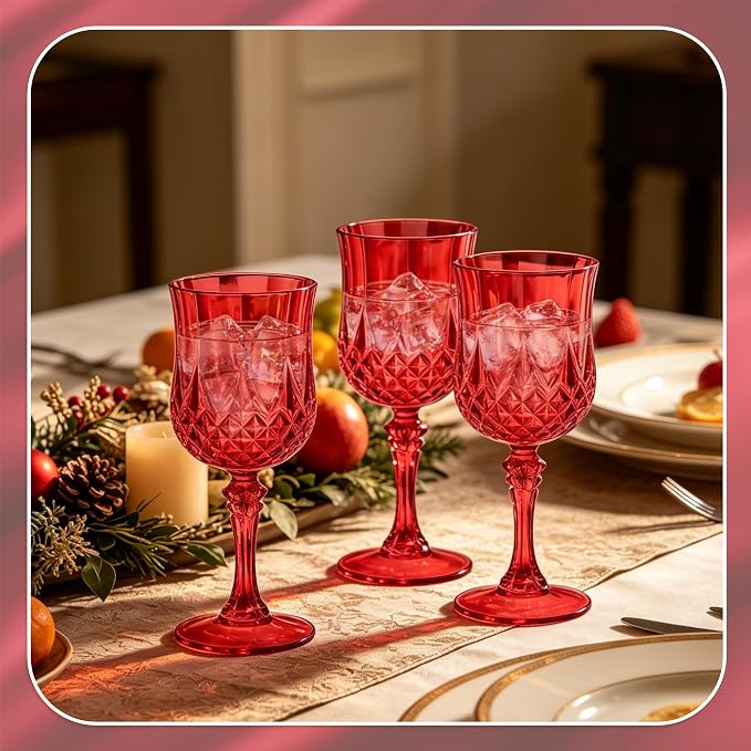 7OZ Plastic Wine Glasses, Reusable Vintage Goblets Unbreakable Drinking Glasses Crystal Water Cups Champagne for Wedding, Parties (12, Red)