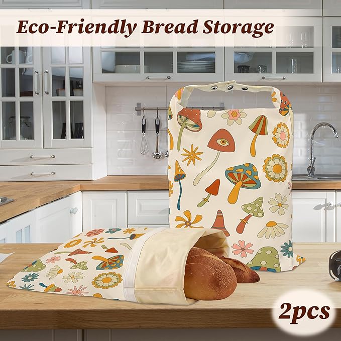 Bread Bags for Homemade Bread- Vintage Mushrooms 2 Pack Linen and Beeswax Sourdough Storage Bags, Reusable Keeper, Keeps Breads Fresh Longer, Gifts for Bakers