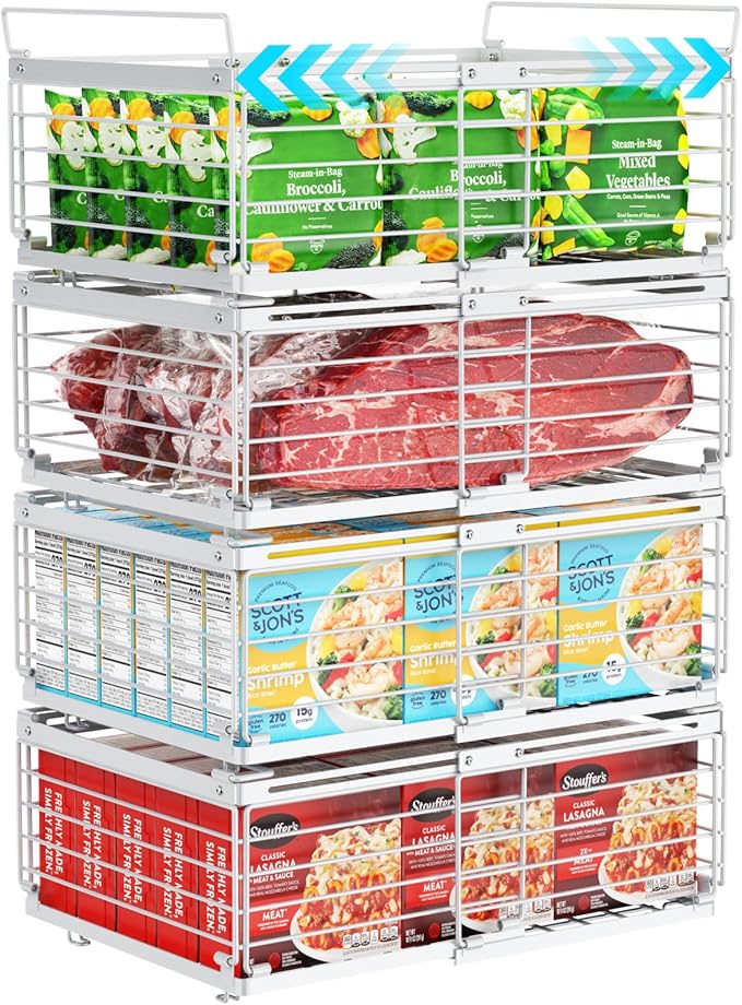 iSPECLE 4 Pack Freezer Organizer Bins - Fit 10 to 20 Cu.Ft Deep Freezer, Expandable Wire Storage Chest Freezer Baskets for Frozen Food, Stackable with Handles, White