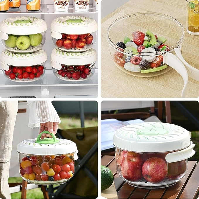 Fruit Storage Containers with Ice Tray - Strainers & Colanders 2-in-1 Fruit and Vegetable Wash,Collapsible Handle Fruit Washing Bowl with Strainer,Berry Keeper for Fridge,Kitchen,Picnic,Outdoor - 2pcs