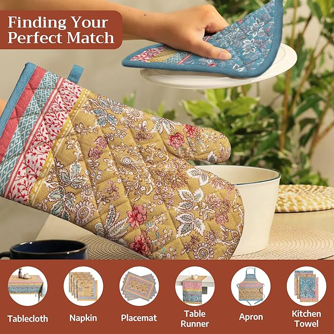 Maison d' Hermine Pot Holders 100% Cotton Heat Resistant Potholders 8" x 8" Hot Pads with Loop BBQ Cooking Baking Gifts for Mothers Day Handling Hot Pans Spring/Summer (Pack of 1, Marquise)