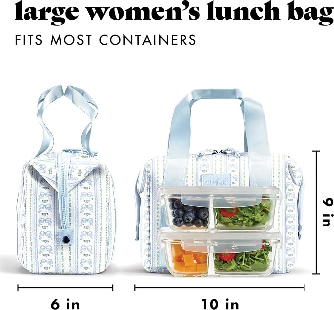 Fit & Fresh Remi Lunch Bag for Women Work – Neoprene Lunch Tote with Containers & Ice Pack, Reusable Meal Prep Lunch Box, Large Capacity, Machine Washable, Blue Wallpaper Bows