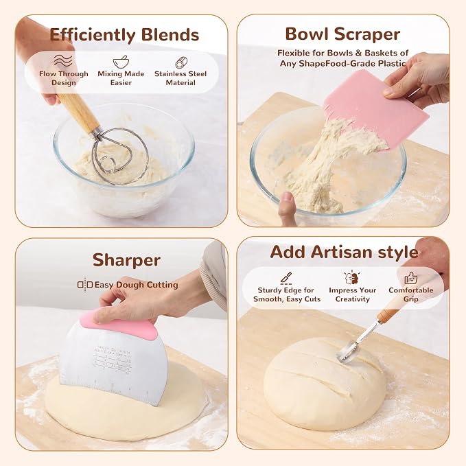 Sourdough Starter Kit, 9" Round and 10" Oval Banneton Bread Baking Supplies, Bread Making Tools Kit, Sourdough Proofing Basket, Sourdough Kit Gifts for Bakers Women Wife Mom