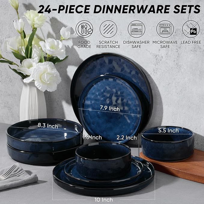 E-far 24-Piece Plates and Bowls Sets with Pasta Bowls - Stoneware Dinnerware Set for 6, Modern Ribbed Dishes, Microwave & Dishwasher Safe, Starry Blue