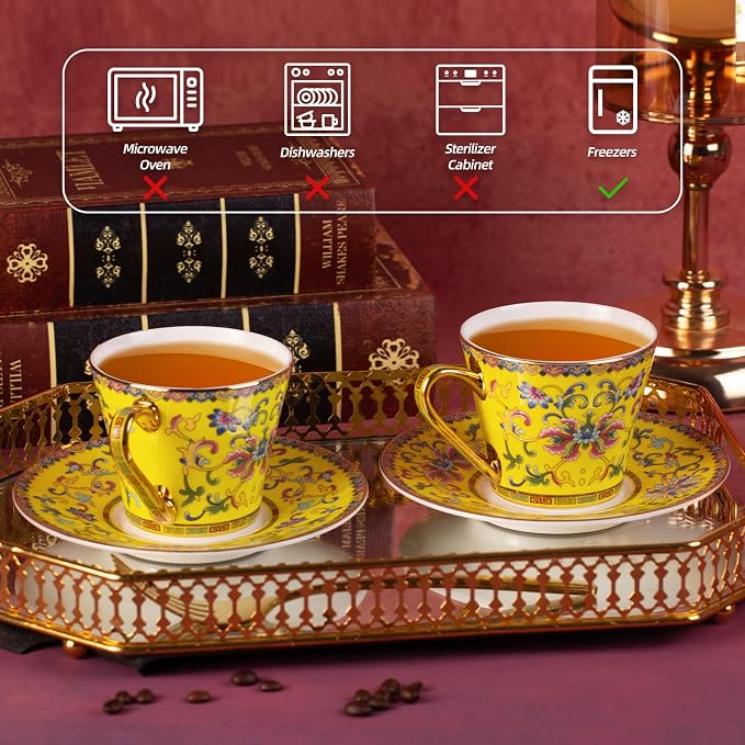 KAMMAK Tea Cups and Saucers Set of 2, Porcelain Coffee Cups with Saucer for Espresso, Cappuccino, 7.78oz Vintage Noble Yellow Ceramic Novelty Mug for Home, Tea Party, Office, 623N