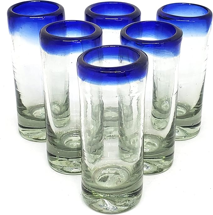 Cobalt Blue Rim 2 oz Tequila Shot Glasses (set of 6), Recycled Glass, Lead-free, Toxin-Free (Shot)