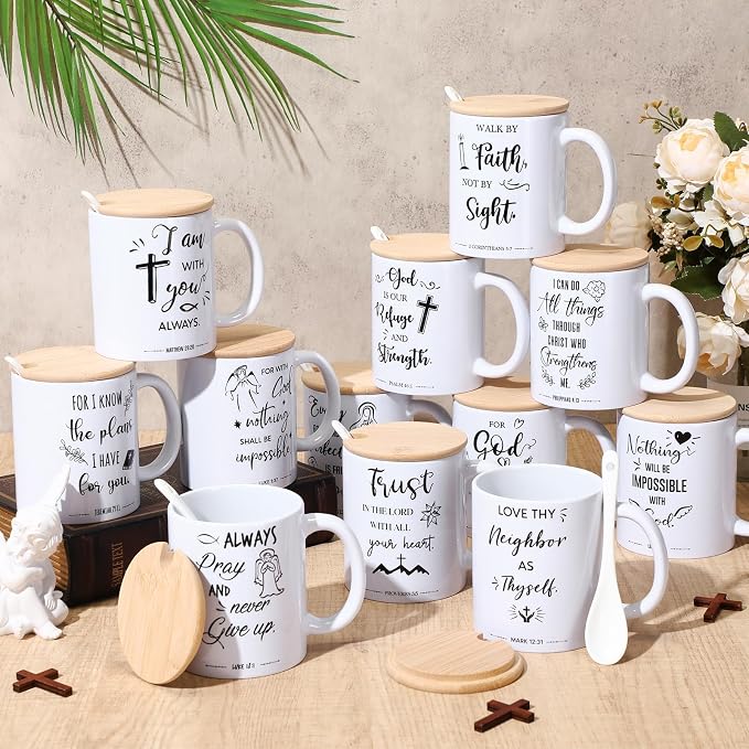 Didaey 12 Sets Christian Gifts Bulk Religious Coffee Mugs 12oz Bible Verses White Ceramic Cup with Lid Handle Spoon Inspirational Mug Church Gift for Men Coworker Employee Staff(Religious)