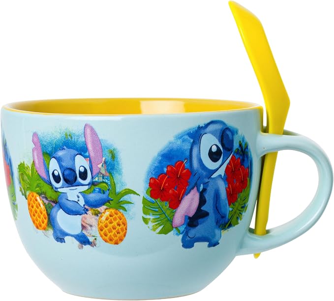 Silver Buffalo Disney Lilo and Stitch Tropical Water Hawaii Ceramic Soup Mug with Spoon Set, 24 Ounces