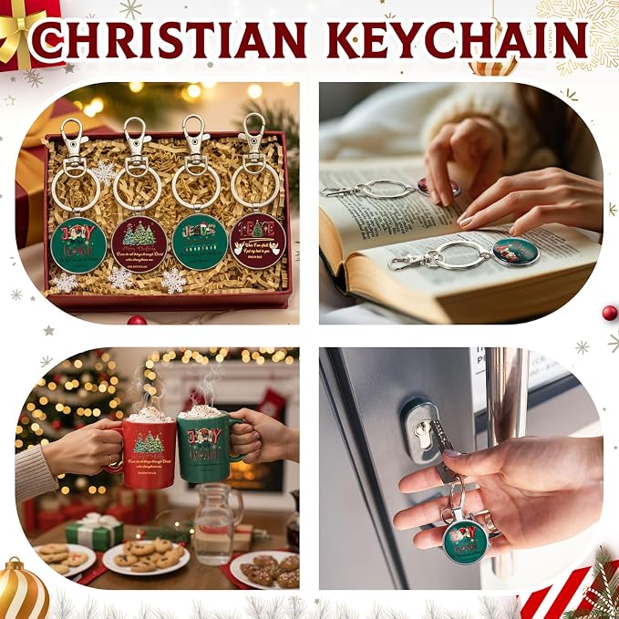Ziliny 4 Sets Christian Coffee Mugs with Bible Verse Keychains Christmas Christian Gifts for Women & Men, 11oz Ceramic Scripture Coffee Cups Religious Keychains Inspirational Faith Based Church Gift
