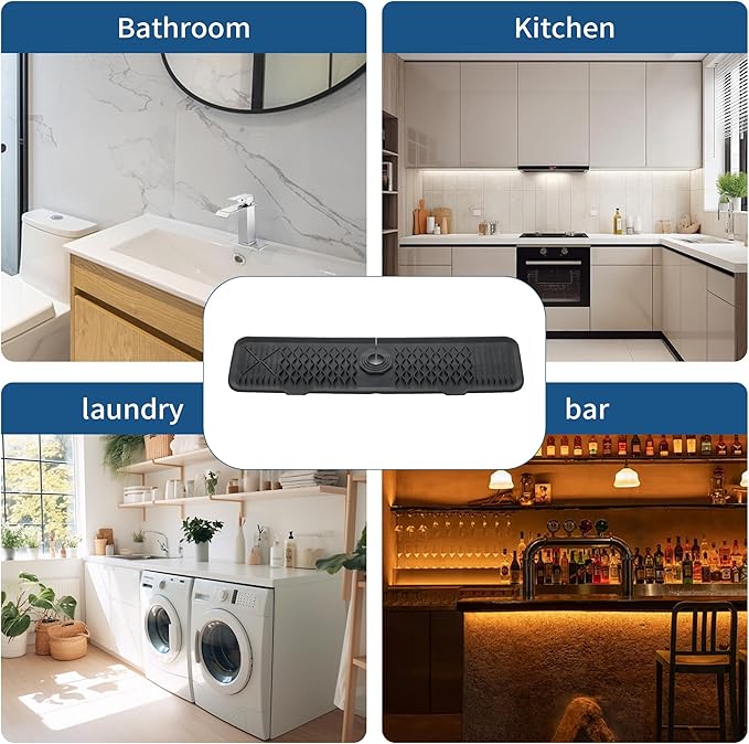 Kitchen Sink Splash Guard 24inch Black Silicone Draining Mat Dish Drying Mats Sponge Holder and Bathroom Countertop Protect Kitchen Sink Splatter Screen