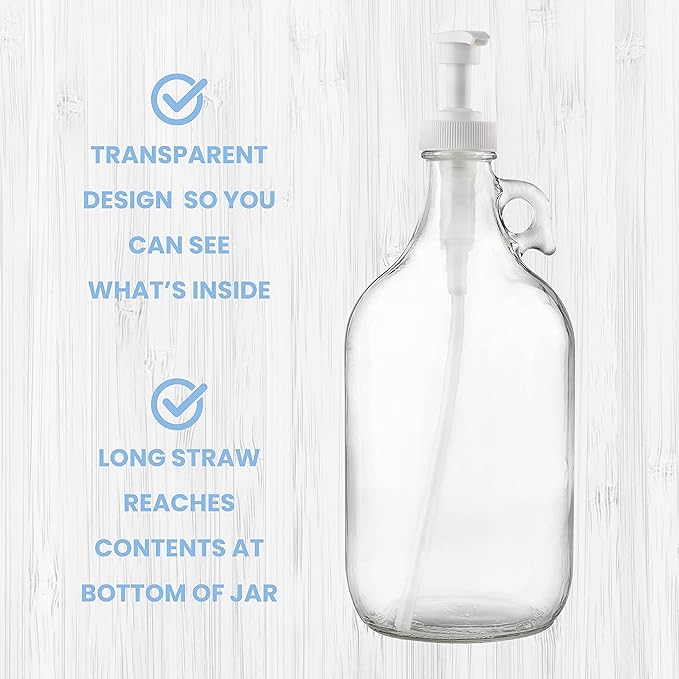 kitchentoolz Half Gallon Glass Laundry Detergent Dispenser with Pump, 64 oz Large Liquid Laundry Soap Dispenser Jug for Fabric Softener, Syrup and Laundry Room Use, Made in USA