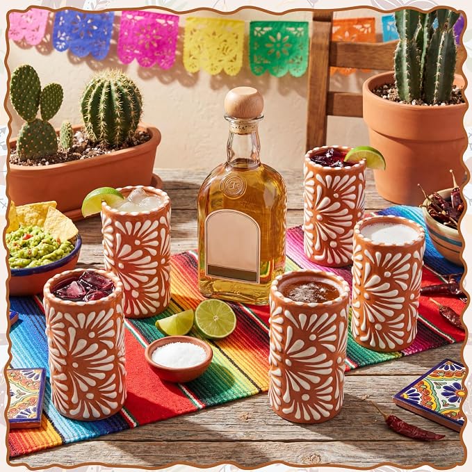 12 Set Cielito Lindo Party Favors Mexican Tequila Shot Glasses Mexican Pottery Gift Mugs for Tequila Lover Favors Birthday Party Supplies (Terracotta, Handleless)