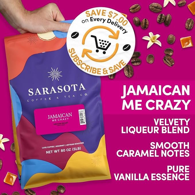 Sarasota Coffee Whole Bean Jamaican Me Crazy | Medium Roast Gourmet Flavored Coffee Beans | Low Acid, Mold Free, Specialty Grade Bulk Beans | 5lb (80 oz)