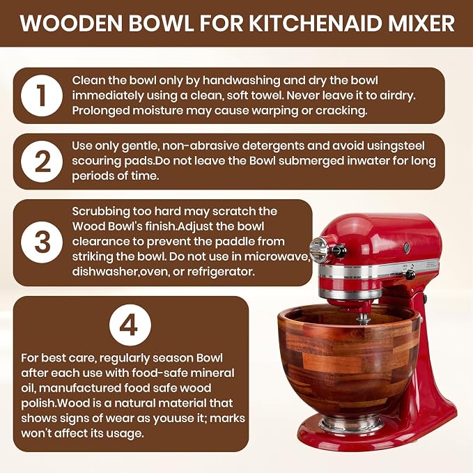 Wood Mixing Bowl for KitchenAid, 5QT Natural Acacia Wooden Bowl Compatible with KitchenAid 4.5&5 QT Tilt-Head Stand Mixer, with Stainless Steel Locking Base, for Baking & Mixing