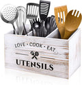 MINCORD Wood Kitchen Utensil Caddy with 3 Compartments, Rustic Farmhouse Style, Ideal for Storage and Organization, White
