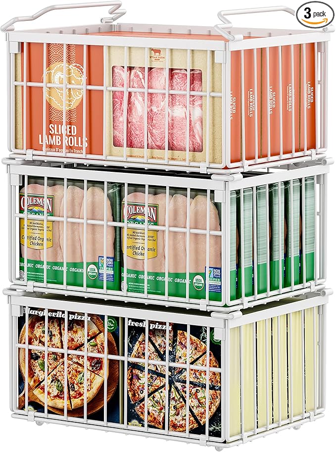 Freezer Organizer Bins, Enlarged Stackable Deep Chest Freezer Organizer Bins, Foldable Baskets with Handles, Storage Container Baskets for 5 to 9 Cu.FT Deep Freezer Sort Frozen Meats (white 3 pack)