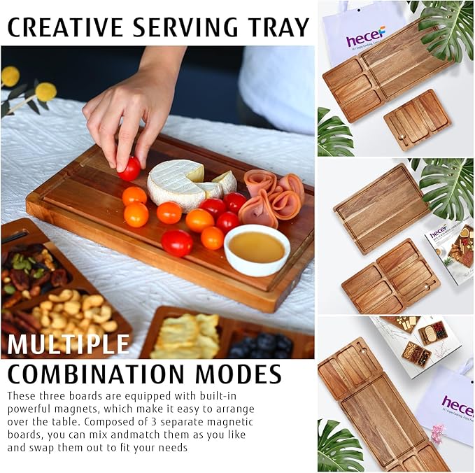 hecef Extra Large Charcuterie Board Set, 3-in-1 Magnetic Acacia Wood Cheese Platter with Storage Bag, Outdoor Picnic Serving Tray for Housewarming, Wedding, Anniversary, Birthday, Feast