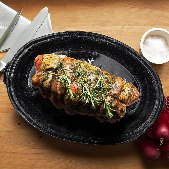 15"Oval Roasting Pan With Lid Small Chicken Roaster With 13.7in Inner Diameter Enamel Steel Roasting Pot Suitable for Outdoors Family Dinnerhigh Temperature Resistance Holiday Gifts