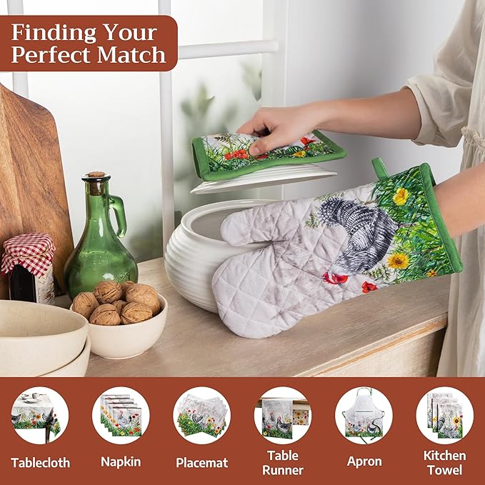 Maison d' Hermine Pot Holders 100% Cotton Heat Resistant Potholders 8" x 8" Hot Pads with Loop BBQ Cooking Baking Gifts for Mothers Day Handling Hot Pans Spring/Summer (Pack of 1, Basse Cour)