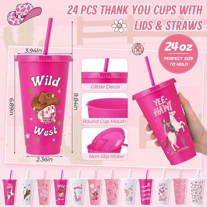 Feifeiya 72 Pcs/ 24 Set Cowgirl Cups Set 24 oz Staff Pink Tumbler with Lids and Straws Inspiration Ballpoint Pens Bulk for Cowgirl Party Favors Rodeo Party Birthday Decoration Supplies