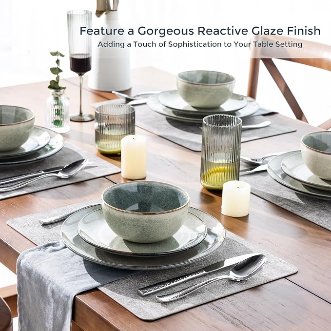 GBHOME 24 Pieces Double Bowls Dinnerware Sets for 6, Stoneware Plates and Bowls Set with Reactive Glaze, Scratch Resistant Stoneware Dishes Set, Dishwasher & Microwave Safe