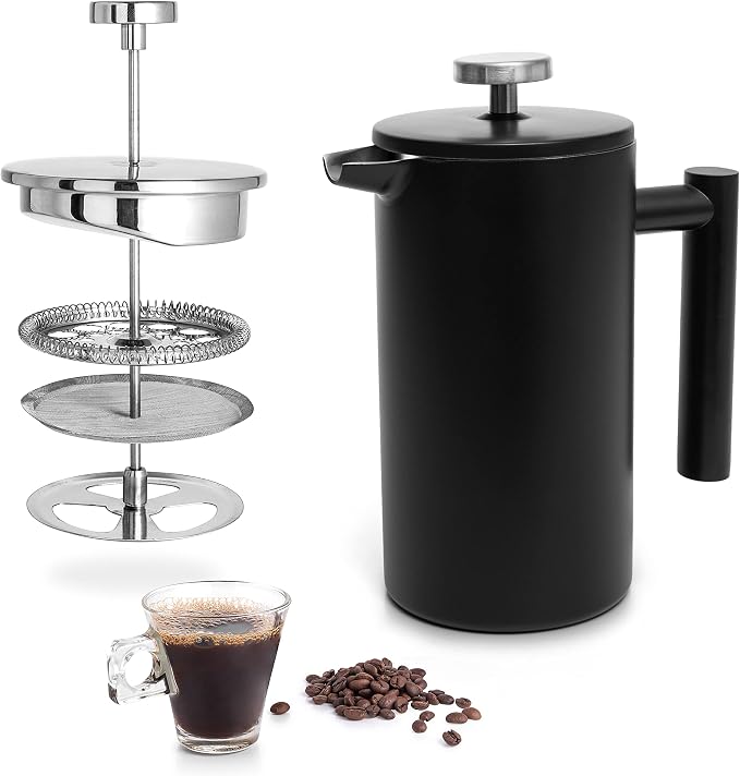 Mixpresso Black Stainless Steel French Press Coffee Maker 26 Oz 770 ml, Double Wall Insulated French Press Stainless Steel, Easy Clean Tea Brewer, Easy Press Durable Metal Coffee Press