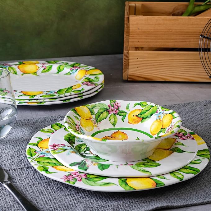 LEHAHA Lemon Melamine Dinnerware Dish Set – 12 Piece Indoor and Outdoor Plates and Bowls Sets for Everyday Use, Dishwasher Safe, Unbreakable Kitchen Dinner Set, Service for 4…