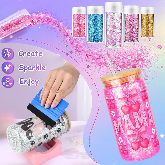 kiddgroo Snow Globe Tumbler Supplies, 25 Pcs DIY Snowglobe Cup Set– Includes 16oz Double-Wall Acrylic Tumbler, Cup Cradle, UV DTF Wraps, Craft Glitter & DIY Tools,Mothers Day Gifts