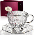 Handcrafted Vintage Glass Coffee Cup and Saucer Set, 12 oz Large Tea Cup with Octagonal Saucer for Coffee, Latte & Tea, Gift for Women, Microwave & Dishwasher Safe, Classic Frosted White