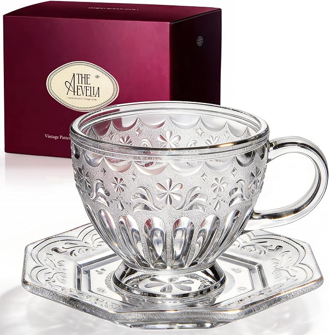 Handcrafted Vintage Glass Coffee Cup and Saucer Set, 12 oz Large Tea Cup with Octagonal Saucer for Coffee, Latte & Tea, Gift for Women, Microwave & Dishwasher Safe, Classic Frosted White