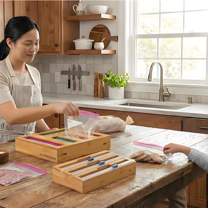 9-in-1 bamboo storage bag rack with cutter, suitable for kitchen drawer and wall storage, compatible with gallons, quarts, aluminum foil and cling film, sandwich, snack Bags